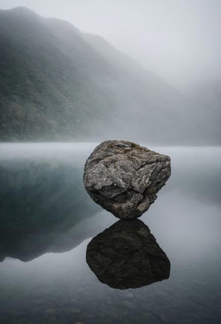 A single rock juts out from the middle of a calm, fog-shrouded lake, its reflection barely visible in the still water. The scene captured by the Sony A7IV with a 20mm G Master lens set at a wide aperture of F1.5 unfolds with haunting beauty, enveloped in a moody and melancholic atmosphere, enhanced by the deep tones of navy blue and ghostly white.