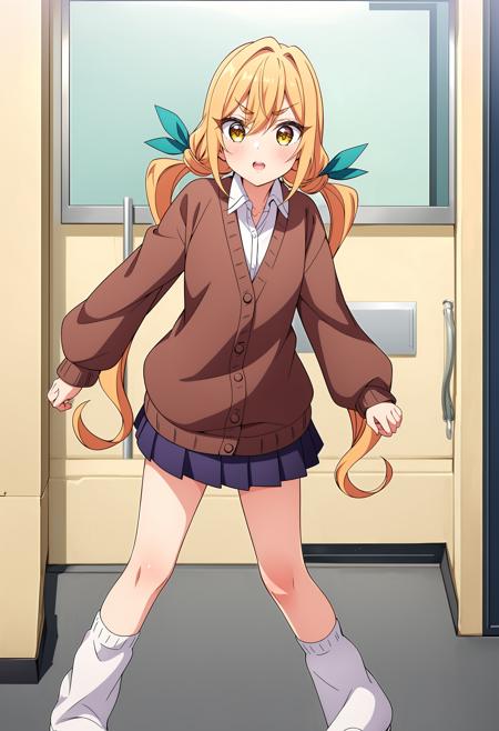 <lora:KaraneIndaV1:0.6>,KaraneInda,1girl,solo,v-shaped eyebrows,low twintails,long hair,blonde hair,orange hair,bangs,green hair bow ribbon,hair between eyes,yellow eyes,
collarbone,wing collar,open collar,collared shirt,white dress shirt,brown cardigan sweater,buttons,puffy long sleeves,purple pleated miniskirt,white loose socks,
blue footwear,slippers,outdoors,clenched hands,<lora:add_detail:0.3>,<lora:è°æ´colorful_V1_lbw:0.3>,, Exquisite visuals, high-definition,masterpiece,best quality,Exquisite visuals,high-definition,masterpiece,best quality,18yo,Young female,Beautiful Fingers,Beautiful long legs,Beautiful body,Beautiful character design,