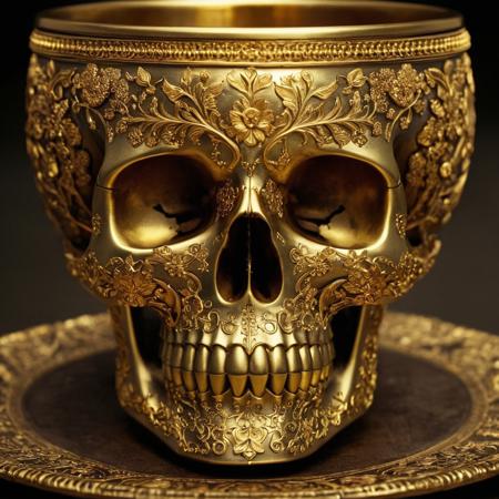 cinematic still Imagine a skull-shaped cup adorned with intricate golden embellishments, Crafted from gleaming gold, ornate engravings cover its surface . emotional, harmonious, vignette, 4k epic detailed, shot on kodak, 35mm photo, sharp focus, high budget, cinemascope, moody, epic, gorgeous, film grain, grainy, Imagine a skull-shaped cup adorned with intricate golden embellishments, Crafted from gleaming gold, ornate engravings cover its surface, symmetry, clear, detailed, lush, cinematic, ambient, full color, light shining, bright, vivid, elegant, highly decorated, deep aesthetic,, shiny, sublime, magical, thought, rich dramatic atmosphere, professional, sharp