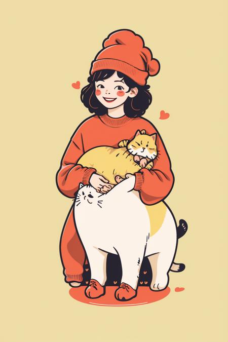 sdmai,Flat illustration, 
 1girl, red headwear, cat, black hair, smile, looking at viewer, hat, striped, standing, sweater, heart, bangs, yellow background, short hair, closed mouth, solo, red footwear, beanie
<lora:SDMAIç®ç¬çº¿æ¡ç¢éæç»:1>