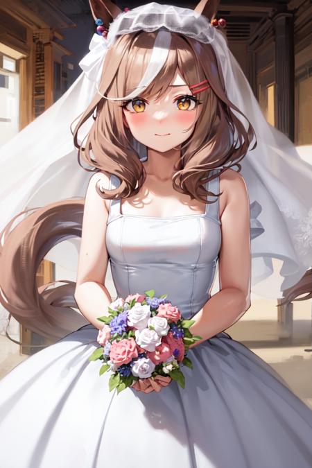 masterpiece, best quality,
matikanetannhauser \(umamusume\),
wedding dress, bridal veil, holding bouquet, 
<lora:matikanetannhauser_loha:0.7>