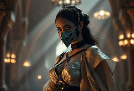 dappled lighting, Extreme realism, Breathtaking masterwork 32k HD photo, cyberpunk ottoman harem setting, sleek beautiful female, glistening silk/latex hybrid gothic flowing  wedding gown, shoulder cross bust harness strap , ottoman harem style skirt, webbed diadem_band/hairnet integrated with mouth muzzle mask covering mouth, flaring diaphanous latex capelet. shallow depth of field, vignette, highly detailed, high budget, bokeh, cinemascope, moody, epic, gorgeous, film grain, grainy