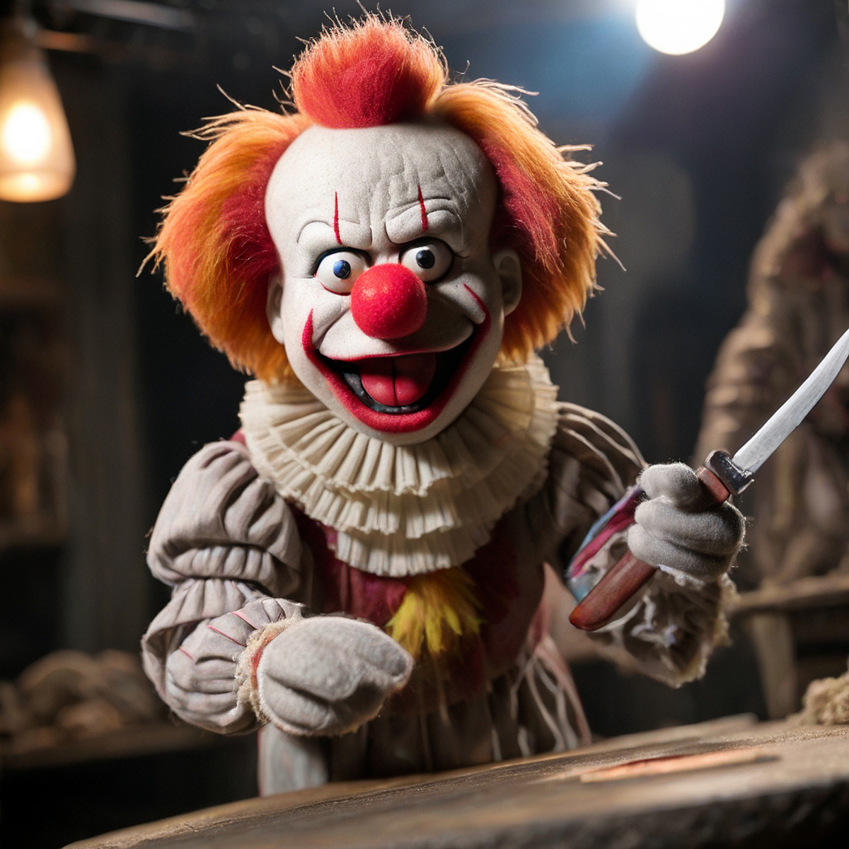 A Clown with a Knife in a Scary Setting