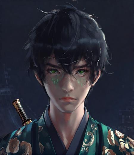 wgz style,portrait of a beautiful boy highly detailed,cyberpunk,Black hair, kimono ,suit,Green eyes