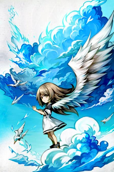 <lora:deemoArtstyle:1>, deemoArtstyle, 1girl, sky, clouds, angel wings, brown hair, masterpiece, best quality,