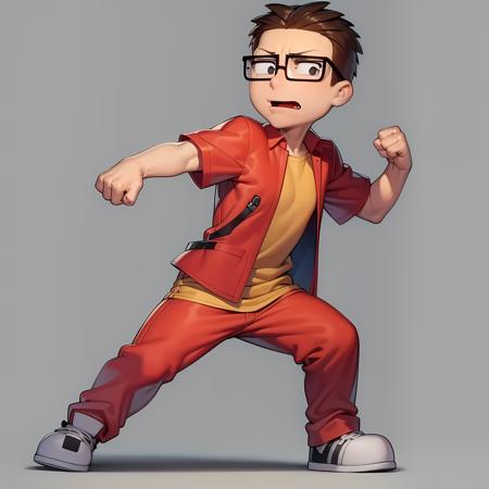 ((masterpiece, best quality)),(complex lighting), 1boy,full body,solo, Steve smith,   <lora:SteveSmith1-10:0.6>,glasses, red jacket, short sleeves jacket, shirt, open clothes, simple background, black eyes, (cleft chin), fighting stance,