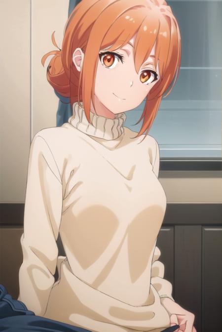 yuigahamama, <lora:mother yuigahama s2s3-lora-nochekaiser:1>,
mother yuigahama, hair bun, mature female, (orange eyes:1.5), orange hair, short hair, single hair bun, hair between eyes, sidelocks, smile,
BREAK denim, jeans, pants, sweater, turtleneck, turtleneck sweater, white sweater,
BREAK indoors, bed,
BREAK looking at viewer, (cowboy shot:1.5),
BREAK <lyco:GoodHands-beta2:1>, (masterpiece:1.2), best quality, high resolution, unity 8k wallpaper, (illustration:0.8), (beautiful detailed eyes:1.6), extremely detailed face, perfect lighting, extremely detailed CG, (perfect hands, perfect anatomy),