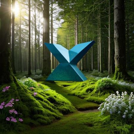 A hyper-realistic painting featuring a three-dimensional blue triangle with human eyes and a mouth, clearly expressing an emotion such as sadness or joy. The triangle should have realistic textures and lighting, making it appear as part of the physical world. It is set in a lush, vibrant forest at dawn, with sunlight filtering through dense foliage, illuminating the moss-covered ground and small wildflowers. Birds and woodland creatures add life to the serene setting. The triangle should blend seamlessly into the environment despite its surreal form, creating a striking contrast between the natural beauty of the forest and the lifelike, anthropomorphic triangle