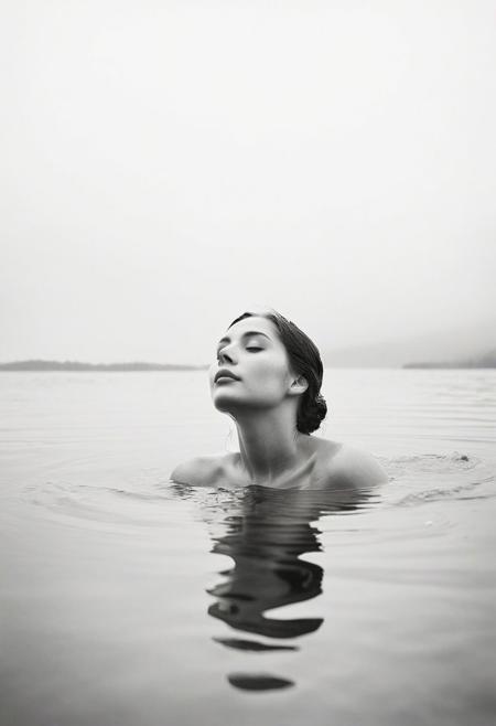 Create an enchanting black and white photograph capturing a woman partially submerged in water, her head emerging above the surface against a backdrop of a serene white sky. Utilize minimalist composition to accentuate the simplicity and elegance of the scene, allowing the woman's graceful presence to contrast beautifully with the purity of the sky. Through careful framing and attention to detail, evoke a sense of tranquility and wonder as the woman floats amidst the calm waters, inviting viewers to immerse themselves in the enchanting world of fantasy and imagination.