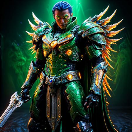 (Anime cyberpunk style) depiction of An Avenging Archangel, (highly detailed) features with intricate celestial warhammer armor and glowing accents, amidst a dark background, creating a striking contrast. The ambiance is intense and dramatic, infused with neon colors of blues and greens, highlighting his powerful presence, evoking wonder and awe. (HD), ultra-detailed, captivating composition.
