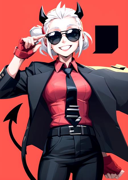 <lora:GoodHands-beta2:1> 1girl, <lora:justice:1> justice(helltaker), black horns, tail, pants, black pants, white hair, belt, demon horns, (((red shirt))), shirt tucked in, cowboy shot, necktie, horns, (sunglasses:1.5), fingerless gloves, black necktie, shirt, black belt, black jacket, collared shirt, gloves, jacket, jacket on shoulders, short hair, demon tail, red gloves, smile, 
<lora:VALORANT-10:1>