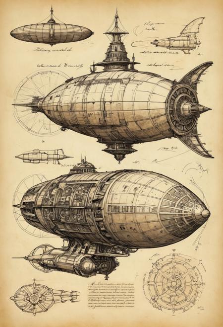  Ink sketch on aged parchment, a spaceship design by Da Vinci, combining intricate gears, fins, and mechanical components. The sleek vessel, resembling a hybrid between an airship and a futuristic craft, is detailed with Da Vinci's signature fine lines and ornate flourishes. The dark ink contrasts against the weathered parchment, evoking a sense of ancient innovation and otherworldly ambition, blending Renaissance artistry with futuristic imagination