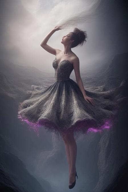 surreal, waltz of fractal smoke over the abyss, fantasy smoke, dresses and stars, dynamics, movement, wind, colorful, intricate details, perspective, hyper-detailed, hyper-realism, professional photoshoot