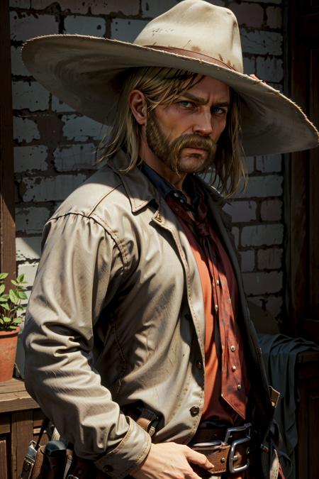 MicahRDR, 1boy, male focus, solo, hat, facial hair, cowboy hat, beard, cowboy western, blonde hair, looking at viewer, necktie, upper body, shirt, manly
<lora:epi_noiseoffset2:1>,   <lora:MicahRDR:0.7>