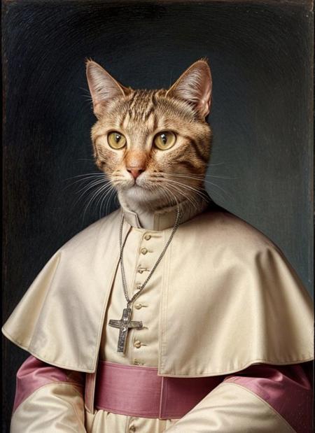 A cat in the image of the Pope, the pope's clothes, full body, portrait  <lora:more_details:0.3>  <lora:sharp detailed image (foot focus) v1.1:0.8>