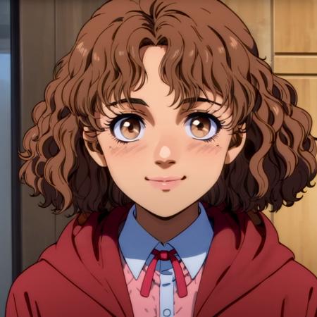 Flair,1little girl,brown hair,medium hair,curly hair,brown eyes, retro artstyle,1980s (style), redjacket,hooded,collared_shirt,red ribbon,ae pink sweater, pleated_skirt, flame_effect, angry,