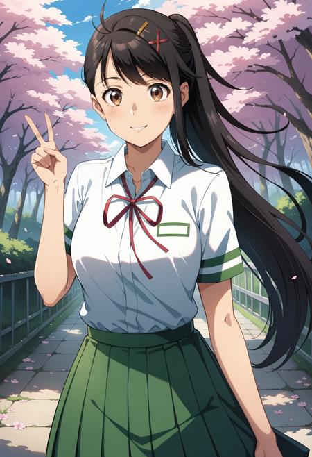 aasuzume, long hair, black hair, antenna hair, ponytail, hairclip, x hair ornament, brown eyes, school uniform, neck ribbon, collared shirt, white shirt, shirt tucked in, short sleeves, pleated skirt, green skirt