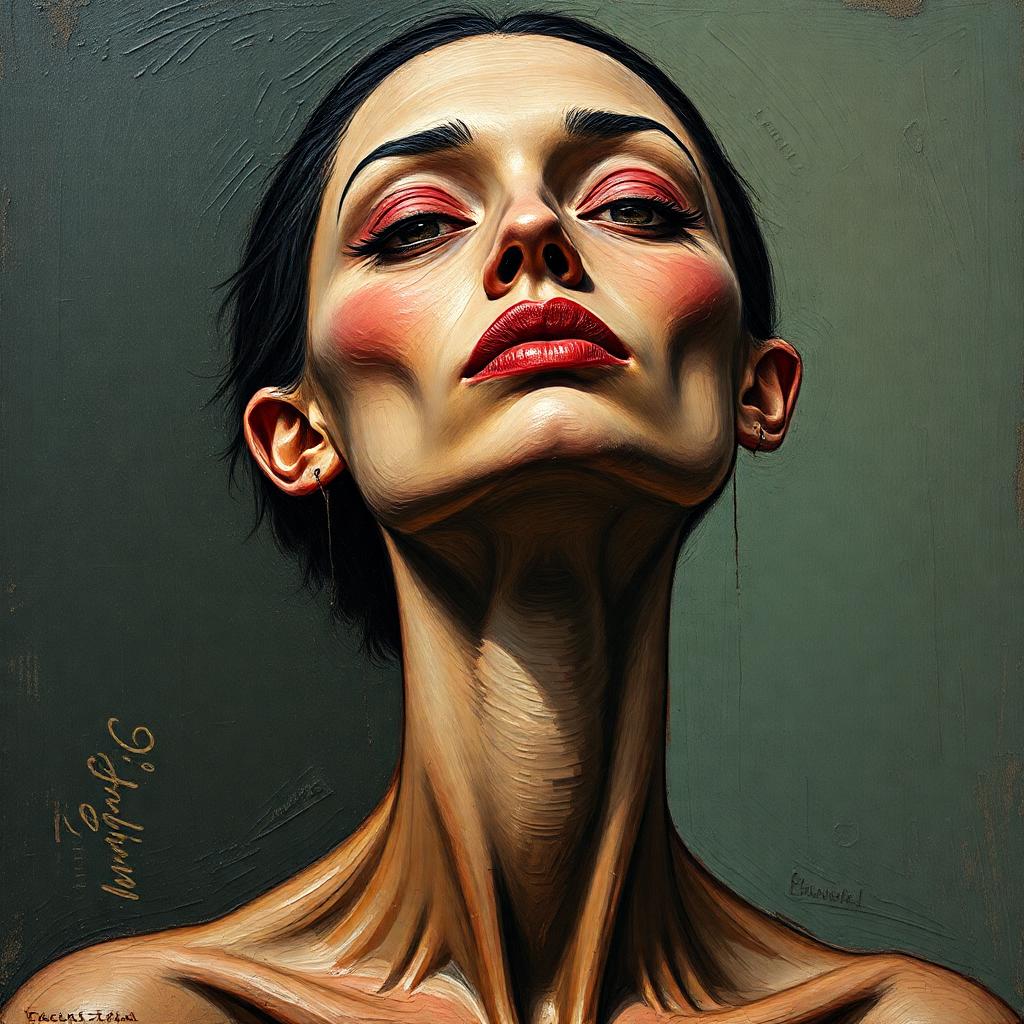 Positive prompt: A woman with an elongated neck and asymmetrical features, rendered in a raw, expressive style with thick, impasto brushstrokes and bold, contrasting colors. 8K, photorealistic, ultra high res, Art Brut, elongated neck, impasto brushstrokes, contrasting colors.