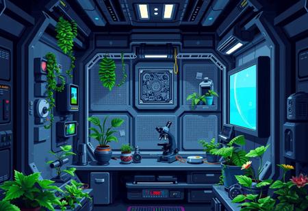 pixel, pixelated,pixelart, futuristic compact spaceship biologican cubicle for apprentice magician with one screen on the wall no decoration full metal room looking like a cubicle plants and microscope