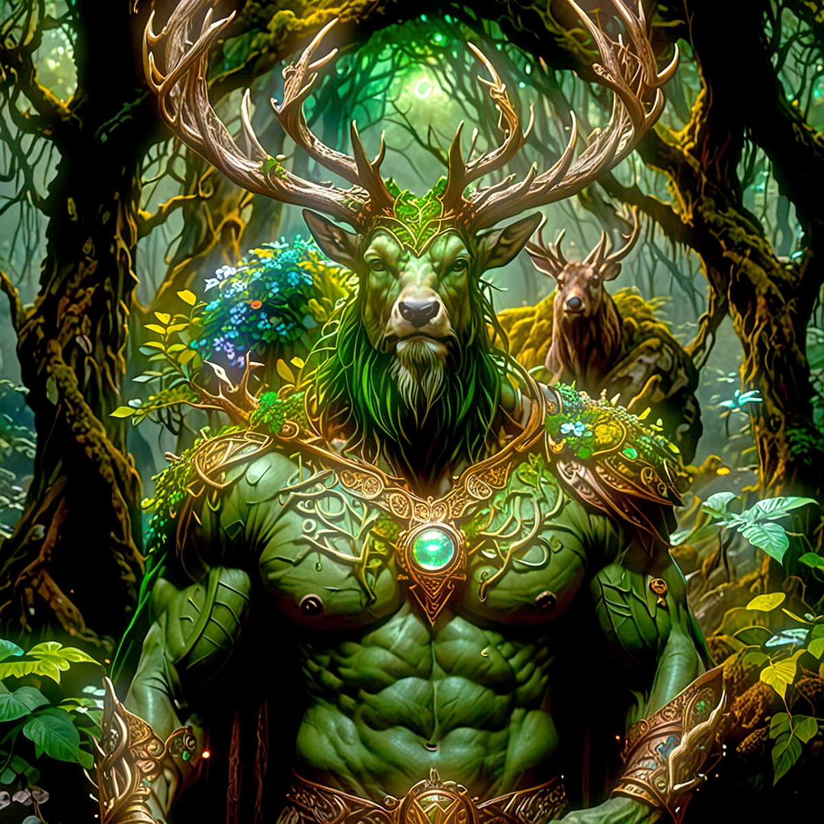 Powerful, mature hybrid man deer with kind, weathered face, green wizard, forest wizard, guardian of the forest and a prot...