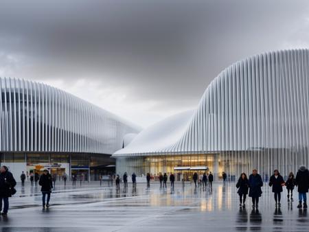 RAW photo, (avant garde building from outside), frontal elevation, curvilinear, white sky, (diffused light:1) <lora:MIR-v3:0.6> (translucent white glass), super reflective metal, biomorphic style, by Kengo Kuma, fog, (warm interior light:1), (open plaza with people), architecture photography, hyper realistic, super detailed, 8k, Nikon Z6 Mirrorless Camera, film grain