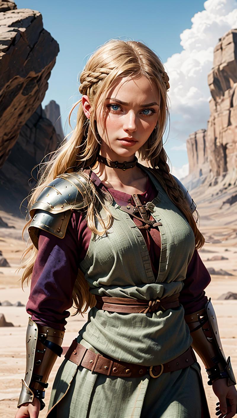 A woman in a fantasy setting wearing a green shirt and a black choker.