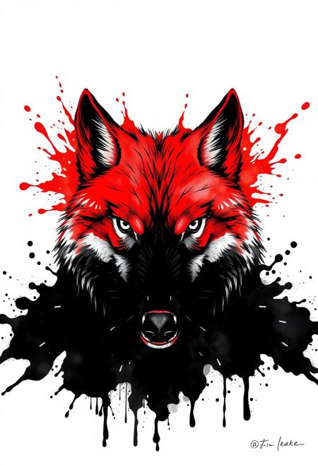 White background, a Wolf's head breaks through the background, the top half of the Wolf's head is a big splash of red ink, the bottom half of the Wolf's head is a big splash of black black ink, ink rendering