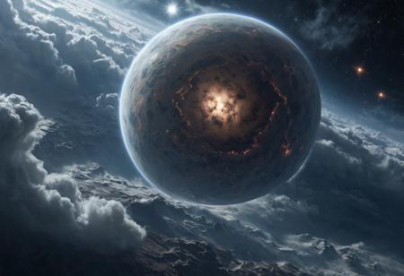 viev from space on an ancient planet shrouded in clouds, a dying star in the background