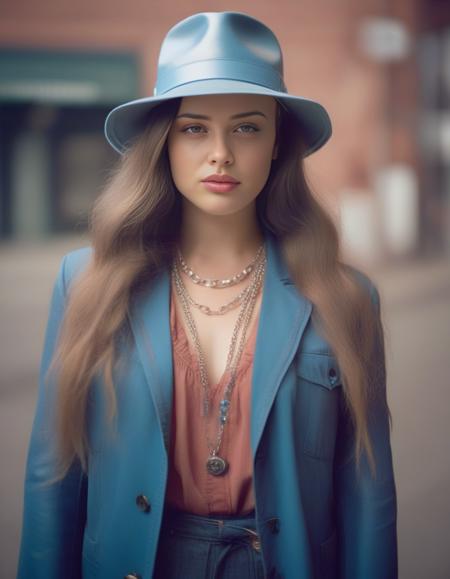 KatherineLangford,<lora:KatherineLangfordSDXL:1>,Realistic photo of a beautiful woman, 1girl, solo, long hair, hat, jewelry, blue hair, jacket, multicolored hair, necklace, bracelet, lips, realistic, fashion, soft lighting, professional Photography, Photorealistic, detailed, RAW, analog, sharp focus, 8k, HD, DSLR, high quality, Fujifilm XT3, film grain, award winning, masterpiece