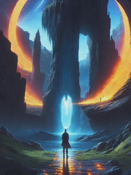 <lyco:NoahBradley:1.0> by noah bradley; many magical portals; epic; fanatsy world; Portals; man standing in the middle; scenic; cinematic lighting