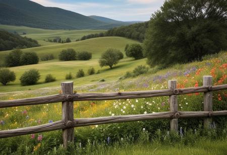 "A rustic wooden fence with a weathered finish, surrounded by colorful wildflowers, set against a backdrop of a serene countryside landscape."