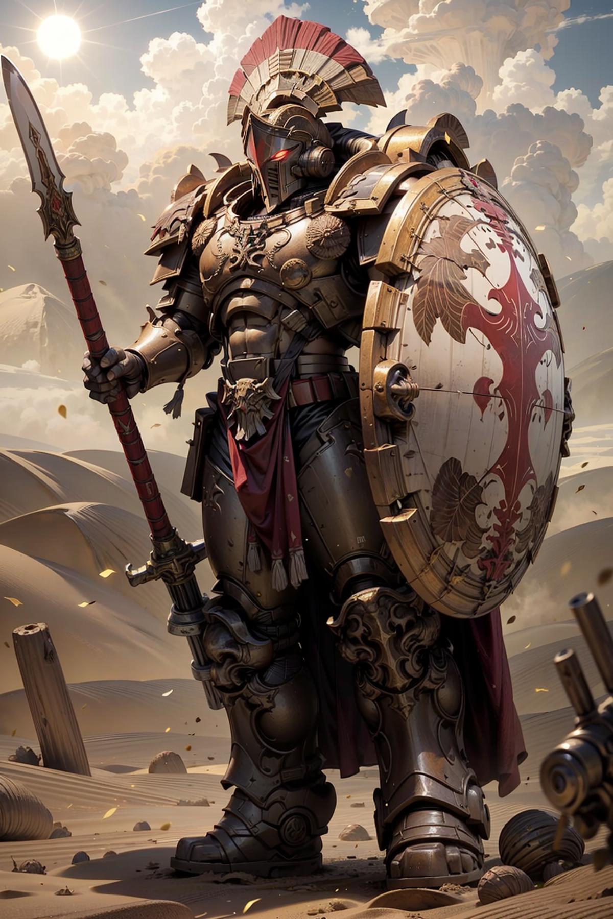 A warrior figure in a fantasy setting holding a spear and a shield.