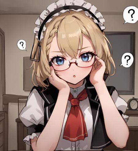 <lora:G36Normal:1>,solo,g36normal,1girl,bedroom,blond hair,braid,blue eyes,maid,braided ponytail,vest,maid headdress,neckerchief,sidelocks,tsurime,frills,upper body,glasses, spoken question mark,:o,wide-eyed,hand on own face