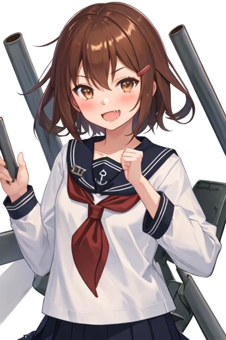 best quality, masterpiece, highres, solo, {ikazuchi_kantaicollection:1.15}, brown_hair, short_hair, hairclip, hair_ornament, brown_eyes, serafuku, fang, open_mouth, smile, blush, 1girl, looking_at_viewer, neckerchief, red_neckerchief, sailor_collar, school_uniform, upper_body, black_sailor_collar, anchor_symbol, white_background, simple_background, long_sleeves