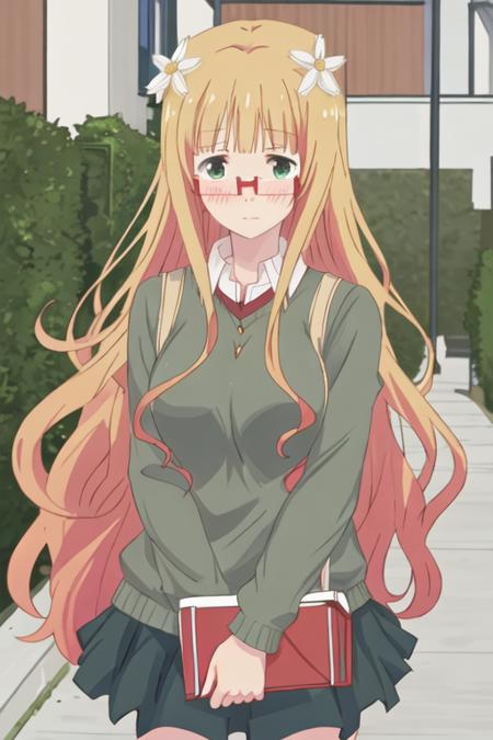 best quality, masterpiece, highres, solo, {mitsuki_sonoda_sakuratrick:1.15}, blonde_hair, glasses, flower, blush, hair_flower, hair_ornament, long_hair, green_eyes, red-framed_eyewear