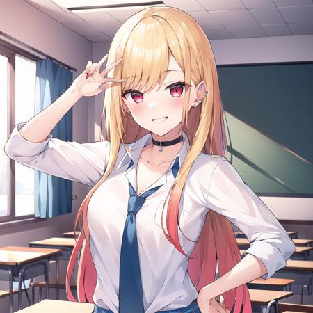 masterpiece, best quality,  <lyco:GoodHands-beta2:1.0>,  <lora:marinkitagawav1:0.6>, kitagawa marin, 1girl, blonde hair, long hair, multicolored hair, red eyes, jewelry, earrings, piercing, school uniform, white shirt, tied shirt, black choker, blue necktie, plaid skirt, indoors, inside, classroom, open smile, pose, desks