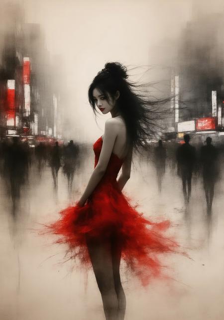 A bold inkplash-meets-watercolor wash artwork, expertly painted on rice paper using rich sepia, burnt henna, and ink-black hues. A Japanese femme fatale, breathtaking and powerful, is silhouetted sharply against a dark, abstract cityscape. Her long, flowing hair dances around her face, her sidelocks framing her piercing, shadowed eyes and bright red lips. She stands confidently in a short, sensual red cocktail dress, accentuating her form under the chaotic, colorful bokeh lights of a busy Tokyo backstreet at night. The lighting is dramatic and intimate, a perfect study in chiaroscuro, mixing shadowy depth with vibrant city light fragments, inspired by Japanese urban noir photography.
