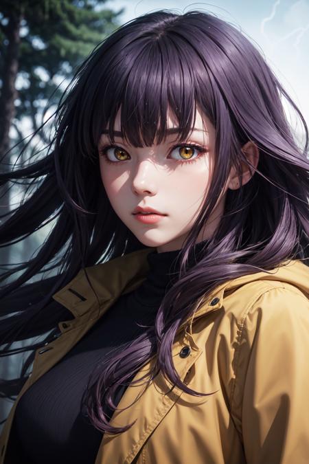 (masterpiece, best quality,) 1girl,
long hair, yellow eyes, purple hair, wavy hair, blunt bangs, coat, large breasts, heavy breathing, glowing eyes,
forest, depth of field, fog, portrait, wind, storm,