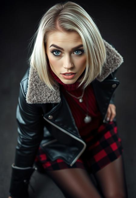 a beautiful blonde woman, kneeling,
curious, intrigued, one eyebrow raised, mouth open,
bob haircut, gray eyes, brown eyebrows, split cut eyebrow,  black leather jacket with fleece lining, red sweater, silver necklace, black red plaid mini skirt, black stockings, black combat boots, dramatic angle, side view, looking at viewer,
