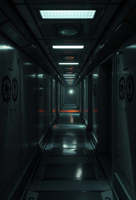 A hauntingly dark spaceship corridor, where the lights are barely functioning, casting ominous, strobing patterns on the walls. The metallic surfaces are cold and reflective, with strange, alien symbols etched into them. The corridor feels abandoned, yet there’s a sense of dread, as if something dangerous lurks just out of sight. In the distance, a faint, eerie glow emanates from around a corner, adding to the unsettling atmosphere.