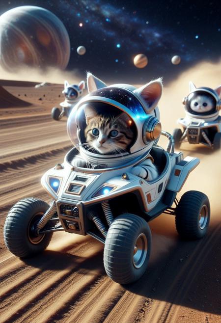 (made of CosmicStyle:1.3),  from side, closeup cute small 4WD buggy made of CosmicStyle, astronaut cat driving, wear round goggles, wear animal ears helmet, wear astronaut suit made of CosmicStyle, run through on space planet dirt road, Dust, (surround by multiple cute small buggys:1.2), space, galaxy, cinematic, cinematic lighting, (masterpiece, best quality:1.4), ultra-high res, 4k, Photorealistic, insanely detailed, sfw,
