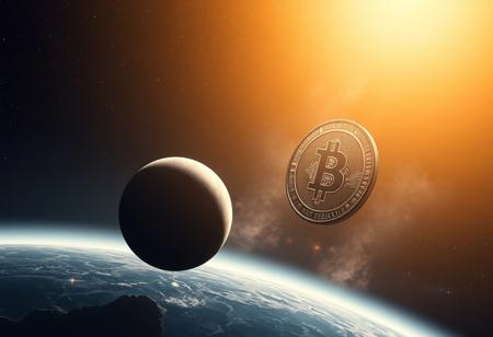 realistic image, space, a planet on the left side of the frame, a huge coin rising from behind it like a satellite, nebulae in the background, gradient lighting, particle tracing, ray tracing