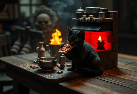 pizzasdx, dark sci-fi theme, a miniature kitchen made out of pizza, detailed cooking things, hot oven, burning fire place, on a old wooden table in a dark childs room, dusty, fine dust, fog, dramatic back lighting, low angle, cute detailed black cat, eating a pizza, mix of sci-fi and dark fantasy, Shot with a full-frame DSLR,