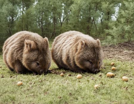 (raw photo) two wombats eating, brown fur, cute, young