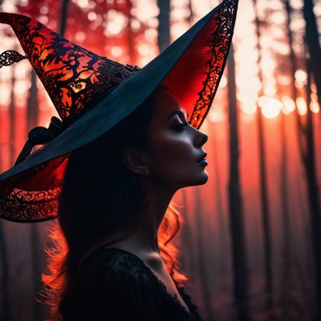 A striking silhouette of a woman, side profile, wearing an oversized witch's hat adorned with intricate details. Her face is illuminated by a soft glow, contrasting with the dark, haunting forest scene within her silhouette. The red-glowing trees, flying creatures, and shadowy figures create an eerie atmosphere. The woman's delicate hand is placed near her chin, as if she is contemplating the mysterious and enchanting world around her.