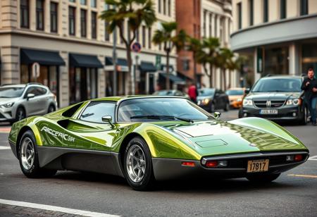 Concept super car, (1970's wedge car design, green paint), city street