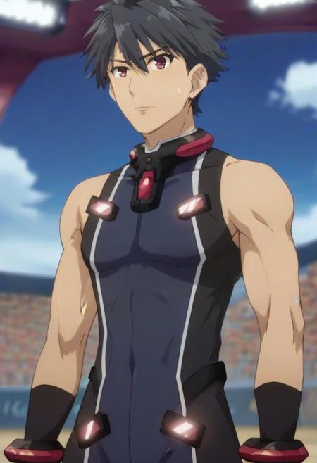 Hayato Kisaragi black hair red eyes sleeveless tight suit