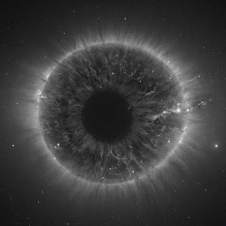 cinematic, (((black and white, monochrome, greyscale))), portrait of a mysterious, bioluminescent, eye, the beauty of the galaxy are shown through this eye, supernovas and pulsars erupt, 4k, high quality, grain, grainy, noise, detailed, contrast, heavy dynamic shadows, atmospheric,