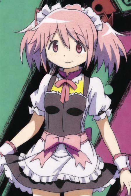 ((maid_headdress)),smile,(maid,skirt),1girl, short_hair,  twintails,   hair_ribbon,  pink_hair,   pink_eyes,  short_twintails