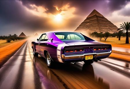 cinematic photo of dodge Charger 1968, magnificent three pyramids of Giza appear clearly, charm, highly detailed car, Professional lighting, full of life, Lively and energetic, 8K, rays of sun flow beyond heavy clouds, HDR, Fast & Furious movie, motion blur, moving tires, Cinematic Shot, Cinematic Lighting, amazing world, pure perfection, Need For Speed, wide angle exterior background, drifting, wet asphalt road, autumn leaves, grass, lavender flowers, jasmine flowers, palm trees, nebula horizon.